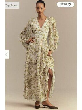 BHLDN Liana Printed V-Neck Long-Sleeve Maxi Dress